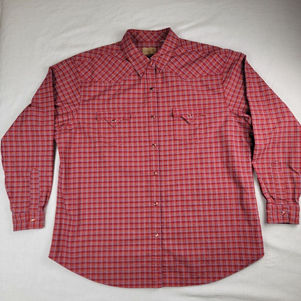 Wrangler Women's Western Pearl Snap Shirt Red Gold Plaid Long Sleeve 2XL Cowgirl
